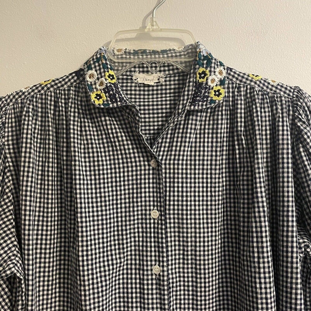 SOLD Inoui Paris XS Embroidered Gingham Check Blouse Blue White Balloon Sleev… - Picture 2 of 10